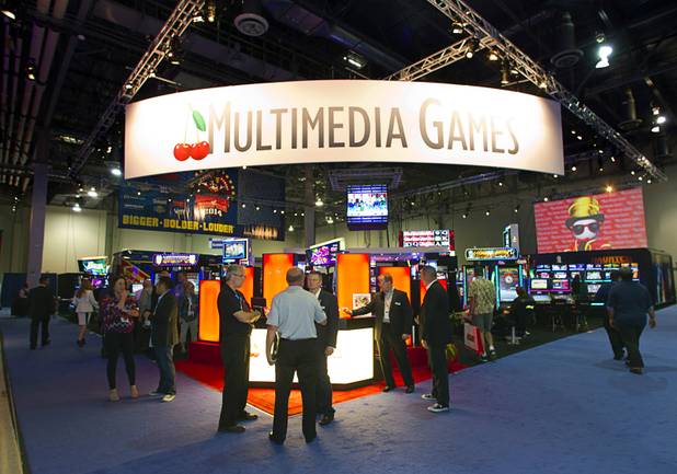 The Multimedia Games booth is shown during the Global Gaming Exposition (G2E) at the Sands Expo Center Thursday, Oct. 2, 2014.