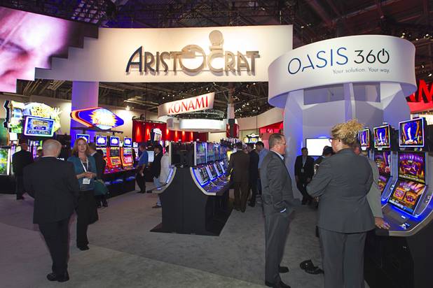 The Aristocrat Gaming booth is shown during the Global Gaming Exposition (G2E) at the Sands Expo Center Thursday, Oct. 2, 2014.
