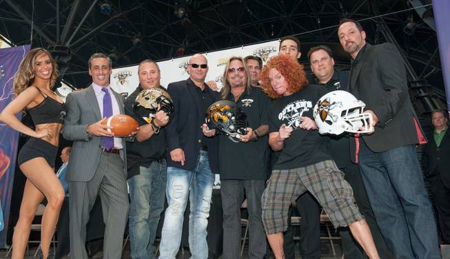 Vince Neil and his Las Vegas Outlaws announcement with friends, including Robin Leach, Mayor Carolyn Goodman, Derek Stevens and Carrot Top, on Wednesday, Sept. 24, 2014, at Fremont Street Experience in downtown Las Vegas.