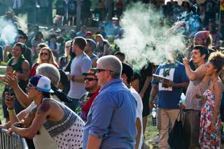 Festival attendees smoke while listening to Los Marijuanos performing during the Las Vegas Hempfest taking place at the Clark County Amphitheater on Saturday, October 4, 2014..