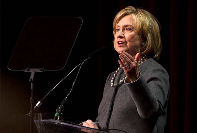 Former Secretary of State Hillary Rodham Clinton delivers the keynote address during the the UNLV Foundation Annual Dinner at the Bellagio Monday, Oct. 13, 2014.