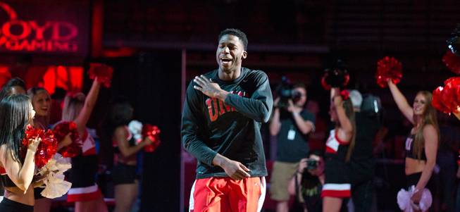 The UNLV basketball team's Goodluck Okonoboh #11 dances onto the court as he's introduced for the scarlet and gray exhibition at the Thomas & Mack Center on Thursday, October 16, 2014.