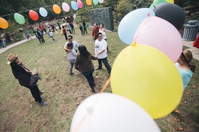 Justin Favela and family dance during a performance piece called Family Fiesta as part of the State of the Art exhibit at Crystal Bridges Museum of American Art in Bentonville, Arkansas on October 19, 2014.