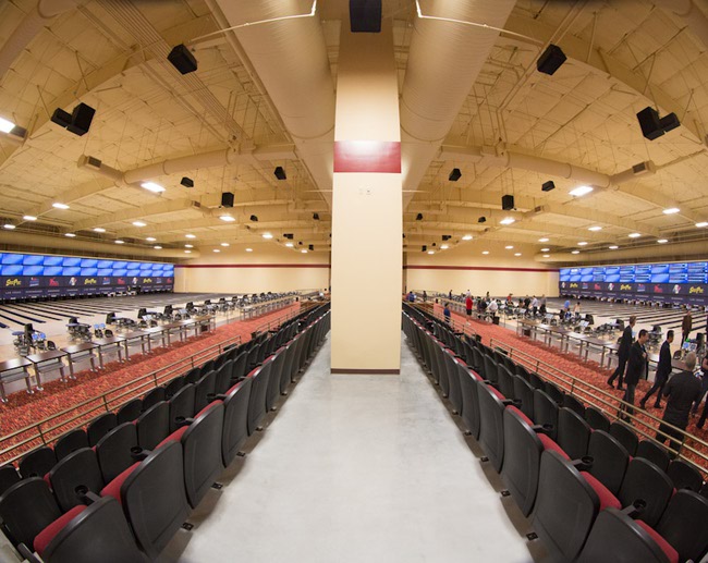 The 90,000-square-foot South Point Bowling Plaza features 60 lanes, a 360-seat viewing area and two 167-foot, state-of-the-art digital displays.
 