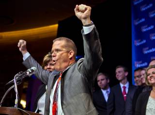 Sen. Mark Hutchison is pumped up as Nevada Republicans gathered to help celebrate his win as Lt. Governor at the New Nevada Lounge in the Red Rock Casino on Tuesday, November 4, 2014.