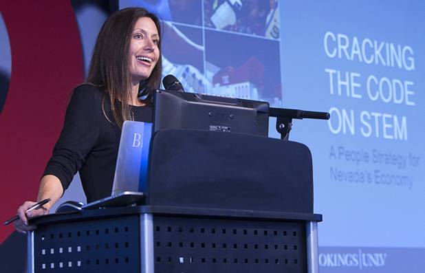 Lindy Schumacher, CEO of the Fullfillment Fund Las Vegas, introduces speakers during "Cracking the Code on STEM:  A People Strategy For Nevada's Economy" at the Innevation Center Wednesday, Nov. 12, 2014. Representatives from the Brookings Mountain West discussed a report regarding the STEM (science, technology, engineering, and mathematics) economy and education in Nevada.