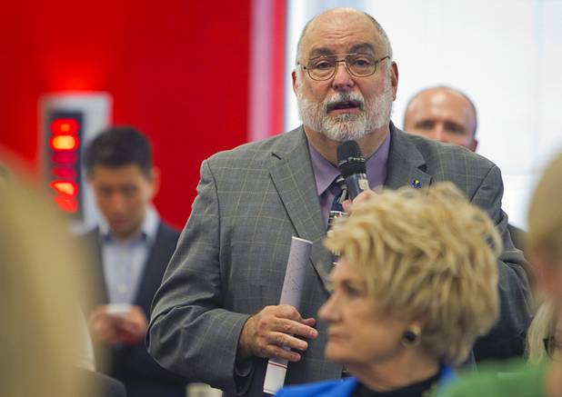 Michael Spangler, Dean of Advanced and Applied Technology at the College of Southern Nevada, asks a question during "Cracking the Code on STEM:  A People Strategy For Nevada's Economy" at the Innevation Center Wednesday, Nov. 12, 2014. Representatives from the Brookings Mountain West discussed a report regarding the STEM (science, technology, engineering, and mathematics) economy and education in Nevada.