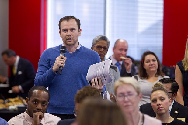 Victor Wakefield, executive direct for Teach For America Las Vegas, asks a question during "Cracking the Code on STEM:  A People Strategy For Nevada's Economy" at the Innevation Center Wednesday, Nov. 12, 2014. Representatives from the Brookings Mountain West discussed a report regarding the STEM (science, technology, engineering, and mathematics) economy and education in Nevada.