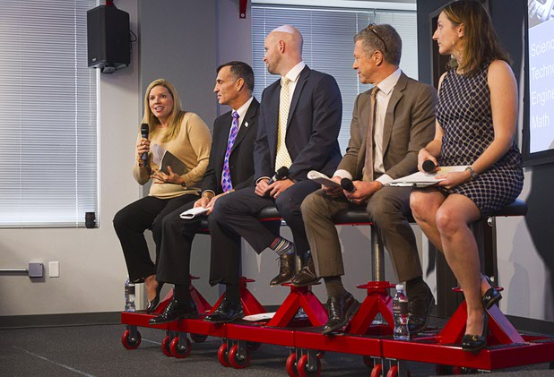 Allison Serafin, left, vice president of the Nevada State Board of Education, speaks in a panel discussion during "Cracking the Code on STEM:  A People Strategy For Nevada's Economy" at the Innevation Center Wednesday, Nov. 12, 2014. Also on the panel from left are: Mike Kazmierski, Jonas Peterson, and Tom Kaplan. Jessica Lee, right, moderated the discussion. Representatives from the Brookings Mountain West discussed a report regarding the STEM (science, technology, engineering, and mathematics) economy and education in Nevada.