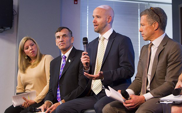 Jonas Peterson, COO of Las Vegas Global Economic Alliance, speaks in a panel discussion during "Cracking the Code on STEM:  A People Strategy For Nevada's Economy" at the Innevation Center Wednesday, Nov. 12, 2014. Also on the panel, from left, are Allison Serafin, vice president of the Nevada State Board of Education, Mike Kazmierski, president/CEO of the Economic Development Authority of Western Nevada, and Tom Kaplan, co-chair of the The Nevada Board. Representatives from the Brookings Mountain West discussed a report regarding the STEM (science, technology, engineering, and mathematics) economy and education in Nevada.