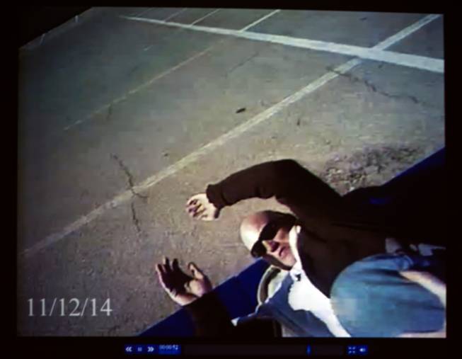 Video view from the body worn camera on Metro Police Officer Nicole Hemsey as she fights to control an angry suspect played by officer Chad Lyman during a media event at the Mohave Training Center on Wednesday, November 12, 2014.