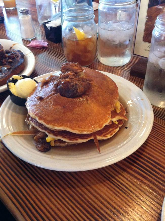Pulled pork pancakes at Bumbleberry Flats in Pioneer Hotel & Gambling Hall on Sunday, Nov. 9, 2014, in Laughlin.