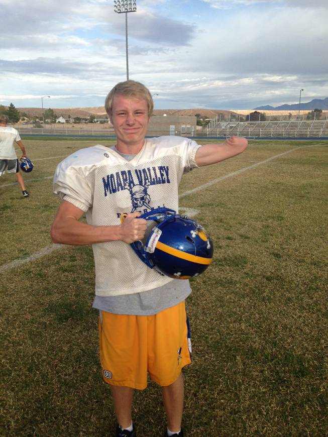 Moapa Valley High senior wide receiver Kayden Griffiths is a key contributor on the Pirates undefeated team. He has just one full arm. 