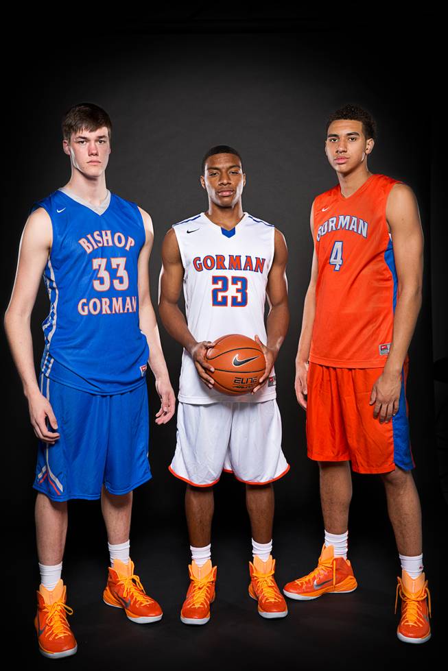 Bishop Gorman High basketball players, from left, Stephen Zimmerman, Nick Blair and Chase Jeter before the 2014-15 season.