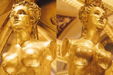A composite image of two of the subjects on a statue inside the main lobby of the Venetian  in Las Vegas, Nev.