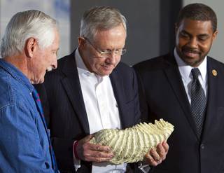 Senate Majority Leader Harry Reid (D-NV), center, holds a cast of a mammoth tooth as Congressman Steven Horsford (D-NV), right, looks on during a news conference marking the creation of the Tule Springs National Monument at the Las Vegas Paiute Resort northwest of Las Vegas, Monday, Dec. 22, 2014. The 22,650 acre site on the northern edge of the Las Vegas Valley features fossils from the Ice Age, including mammoths, bison, American Lions, camelops and sloths.