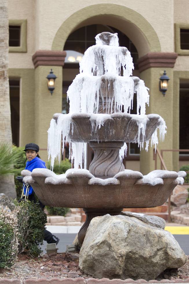 A fountain froze over at Tuscan Villas in Las Vegas, Nev. on December 31, 2014.