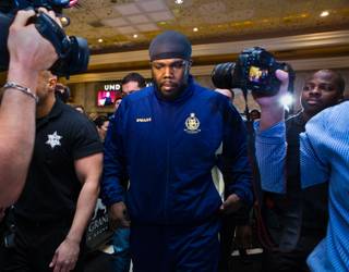 WBC Heavyweight Bermane Stiverne walks to the stage during the fighter grand arrivals at the MGM Grand lobby on Tuesday, January 13, 2015.