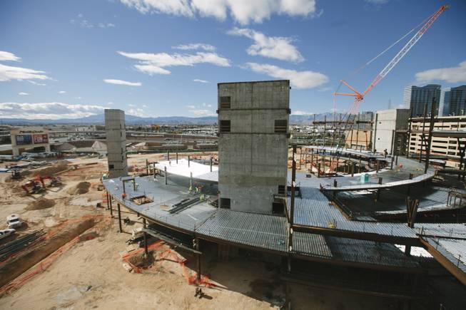 Construction continues on The MGM Arena behind New York-New York and Monte Carlo on January 12, 2015.