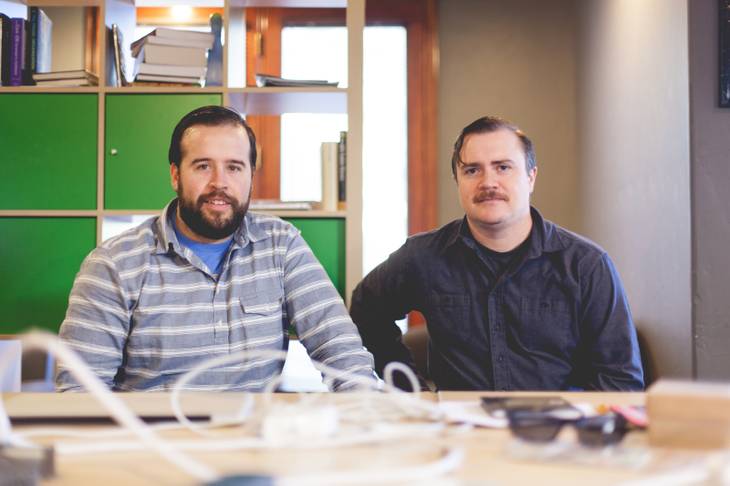 Jimmy Jacobson left and Porter Haney right, co-founders of Wedgies, in their office in Downtown Las Vegas on January 16, 2015.
