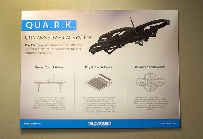 Promotional material for the Qua.R.K. (Quad Rotor Research Kit) drone is displayed at SkyWorks, a company producing research drones, in Henderson Monday, Jan. 26, 2015.