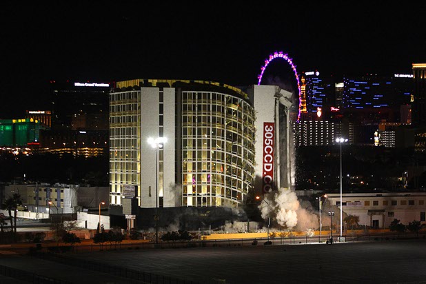 The Clarion Hotel and Casino is imploded in the early morning hours Tuesday, Feb. 10, 2015. The hotel, opened in 1970, was once owned by actress Debbie Reynolds and named the Debbie Reynolds Hollywood Hotel. A mixed-use resort, catering to convention-goers, is planned for the site, according to developer Lorenzo Doumani.
