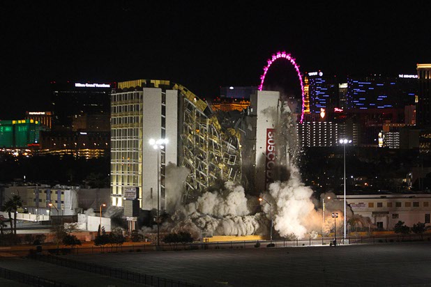 The Clarion Hotel and Casino is imploded in the early morning hours Tuesday, Feb. 10, 2015. The hotel, opened in 1970, was once owned by actress Debbie Reynolds and named the Debbie Reynolds Hollywood Hotel. A mixed-use resort, catering to convention-goers, is planned for the site, according to developer Lorenzo Doumani.