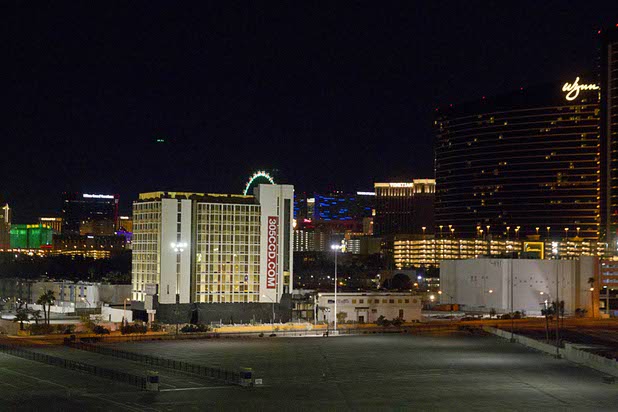 The Clarion Hotel and Casino is shown before it is imploded early Tuesday morning, Feb. 10, 2015. The hotel, opened in 1970, was once owned by actress Debbie Reynolds and named the Debbie Reynolds Hollywood Hotel. A mixed-use resort, catering to convention-goers, is planned for the site, according to developer Lorenzo Doumani.