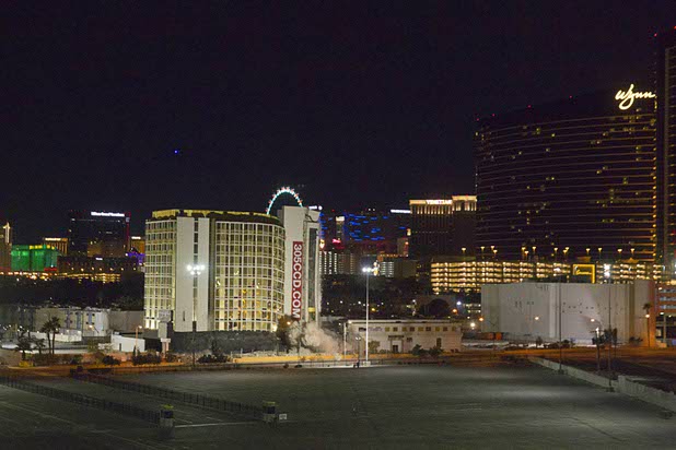 The Clarion Hotel and Casino is imploded early Tuesday morning, Feb. 10, 2015. The hotel, opened in 1970, was once owned by actress Debbie Reynolds and named the Debbie Reynolds Hollywood Hotel. A mixed-use resort, catering to convention-goers, is planned for the site, according to developer Lorenzo Doumani.