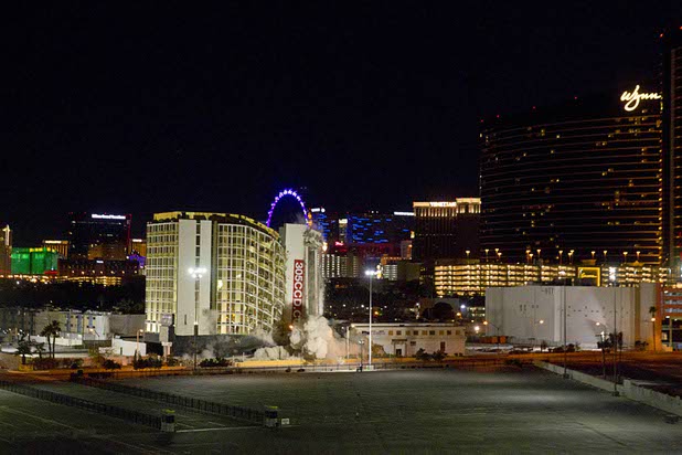 The Clarion Hotel and Casino is imploded early Tuesday morning, Feb. 10, 2015. The hotel, opened in 1970, was once owned by actress Debbie Reynolds and named the Debbie Reynolds Hollywood Hotel. A mixed-use resort, catering to convention-goers, is planned for the site, according to developer Lorenzo Doumani.