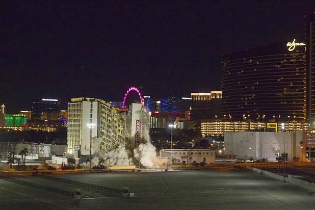 The Clarion Hotel and Casino is imploded early Tuesday morning, Feb. 10, 2015. The hotel, opened in 1970, was once owned by actress Debbie Reynolds and named the Debbie Reynolds Hollywood Hotel. A mixed-use resort, catering to convention-goers, is planned for the site, according to developer Lorenzo Doumani.