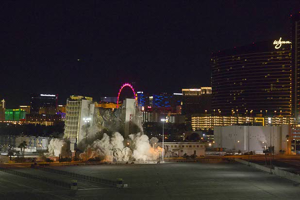 The Clarion Hotel and Casino is imploded early Tuesday morning, Feb. 10, 2015. The hotel, opened in 1970, was once owned by actress Debbie Reynolds and named the Debbie Reynolds Hollywood Hotel. A mixed-use resort, catering to convention-goers, is planned for the site, according to developer Lorenzo Doumani.