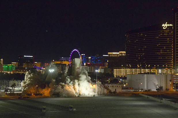 The Clarion Hotel and Casino is imploded early Tuesday morning, Feb. 10, 2015. The hotel, opened in 1970, was once owned by actress Debbie Reynolds and named the Debbie Reynolds Hollywood Hotel. A mixed-use resort, catering to convention-goers, is planned for the site, according to developer Lorenzo Doumani.