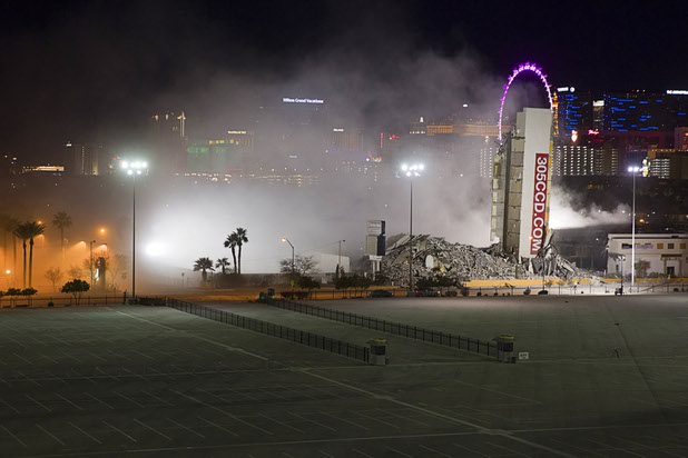 The remains of the Clarion Hotel and Casino are shown after it was imploded early Tuesday morning, Feb. 10, 2015. The hotel, opened in 1970, was once owned by actress Debbie Reynolds and named the Debbie Reynolds Hollywood Hotel. A mixed-use resort, catering to convention-goers, is planned for the site, according to developer Lorenzo Doumani.