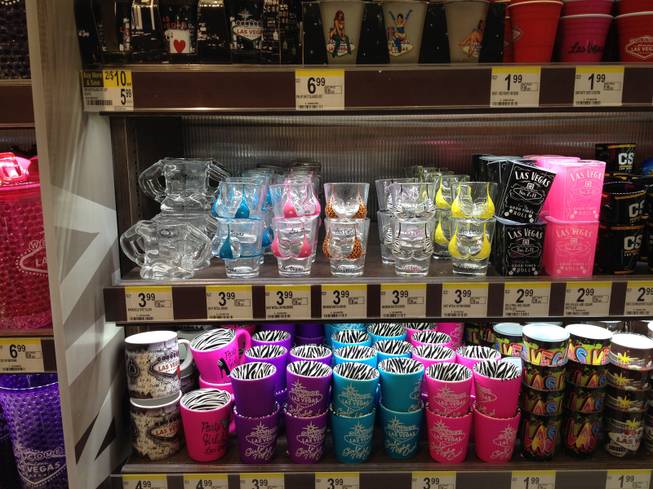 Las Vegas-themed shot glasses are displayed for sale Monday, Feb. 9, 2015, at the Walgreens between the Venetian and the Palazzo on the Strip.