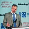 Jim Murren, Chairman and CEO of MGM Resorts International and chairman of the American Gaming Association, discusses key points after announcing the launching of a "national voting initiative in key presidential election states," during a press conference at Aristocrat Technologies on Thursday, Feb. 12, 2015.