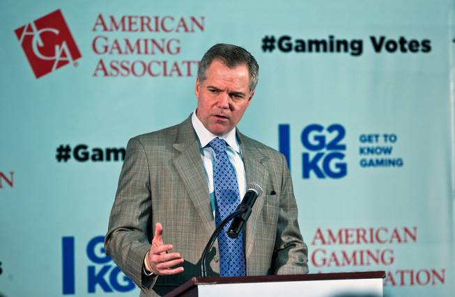 Jim Murren, Chairman and CEO of MGM Resorts International and chairman of the American Gaming Association, discusses key points after announcing the launching of a "national voting initiative in key presidential election states," during a press conference at Aristocrat Technologies on Thursday, Feb. 12, 2015.