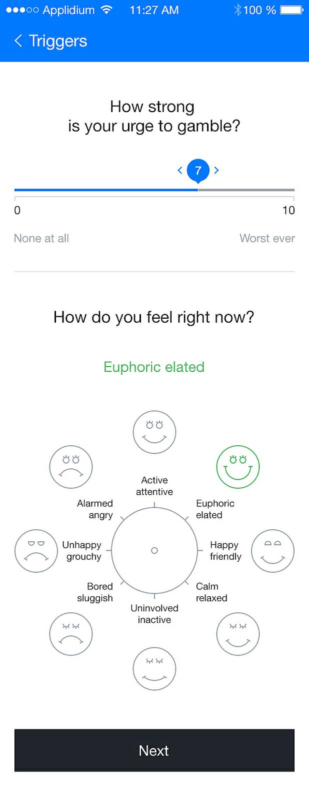 A screen shot of a problem gambling app under development at UCLA.