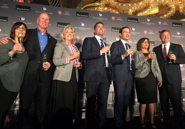 A gathering at the Cosmopolitan featured, from left, Cosmo employee and union committee leader Michelle DiManso, Unite Here President D. Taylor, Rep. Dina Titus, Cosmopolitan President and CEO William McBeath, Blackstone Global Head of Real Estate Jonathan Gray, Culinary Union Local 226 Secretary-Treasurer Geoconda Arguello-Kline and Sen. Dean Heller, Wednesday, Feb. 18, 2015.
