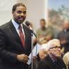 Former U.S. Rep. Steven Horsford addresses Rep. Dina Titus, D-Nev., at a public meeting about the conservation of Southern Nevada's public lands on Wednesday, Feb. 18, 2015.