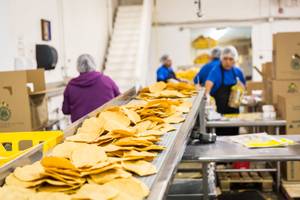 Freshly baked tostadas travel down a conveyer belt ready to be packaged at Tortillas Incorporated, a family-owned tortilla factory, in North Las Vegas January 22, 2015.