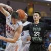 Bishop Gorman's Stephen Zimmerman fumbles the ball near Palo Verde's Taylor Miller during the state basketball championship game on Friday, Feb. 27, 2015.