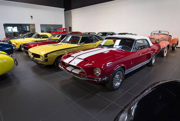 American muscle cars, including a Mustang Shelby GT-500 convertible, center, are shown at Celebrity Cars Las Vegas Wednesday, March 4, 2015. The company recently moved from a showroom at the Palazzo to a new 20,000 sq. ft. showroom at 7770 Dean Martin Drive.