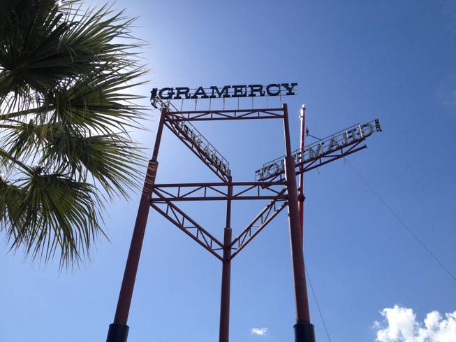 A new, 90-foot sign is erected at the Gramercy mixed-use development Tuesday, March 3, 2015.
