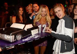Justin Bieber celebrates his belated 21st birthday at Omnia on Saturday, March 14, 2015, in Caesars Palace.
