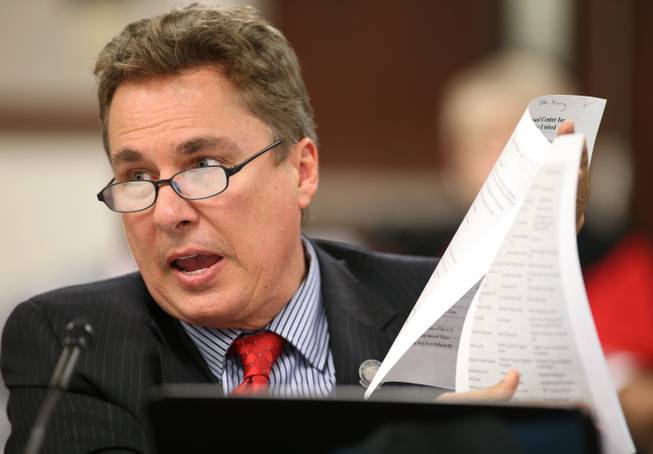 Nevada Assemblyman Brent Jones, R-Las Vegas, presents a measure in committee that would repeal Common Core K-12 education standards during a hearing at the Legislative Building in Carson City, Nev., on Wednesday, April 1, 2015. 