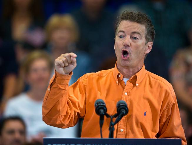 Republican presidential candidate U.S. Sen. Rand Paul (R-KY) makes a point while speaking to supporters during a campaign stop in Las Vegas at the Desert Vista Community Center in Sun City Summerlin on Saturday, April, 11, 2015.