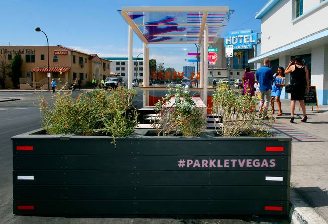 Downtown Las Vegas welcomes the citys first parklet replacing a single parking space, a small public area which allows passersby to relax and enjoy the atmosphere of the city around them on Tuesday, April 21, 2015.