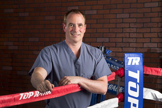 Plastic surgeon Dr. Jeffrey Roth, of Las Vegas Plastic Surgery Inc., poses in Top Rank Gym Tuesday, April 21, 2015. Roth uses his skills to take care of fighters who suffer injuries during boxing matches.   ..