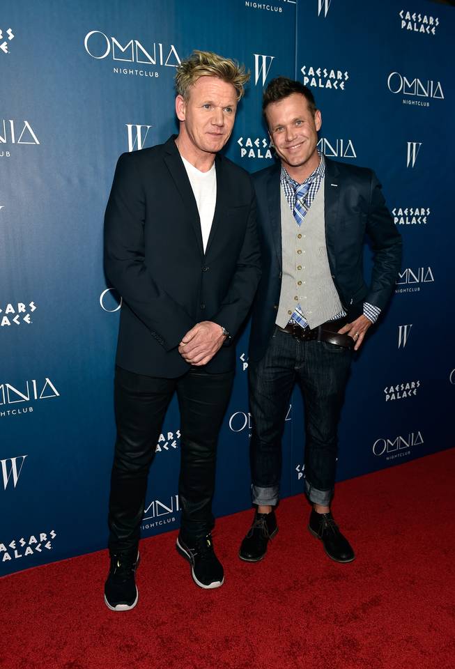 Star chefs Gordon Ramsay and Brian Malarkey arrive at the grand-opening celebration of Omnia on Friday, April 24, 2015, in Caesars Palace.
